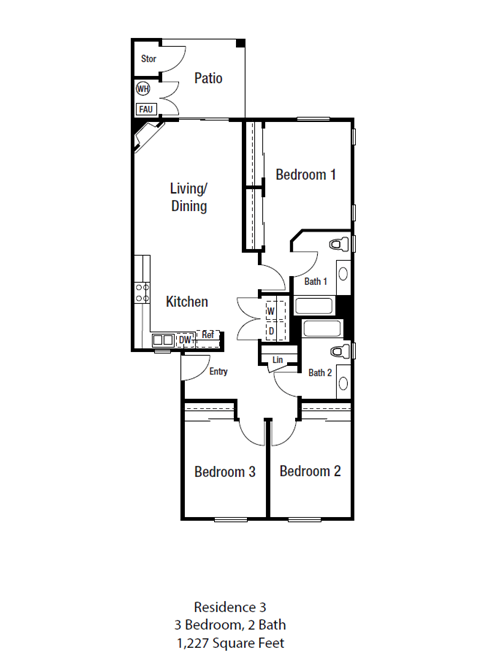 Floor plan for 3 beds, 2 baths, 1227 sqft